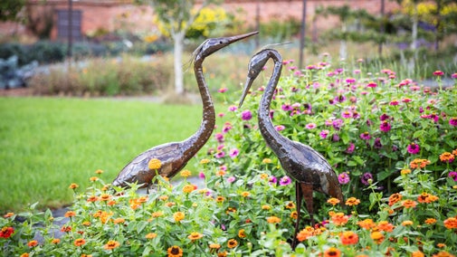 Two bronze heron statues amongst spring flowers